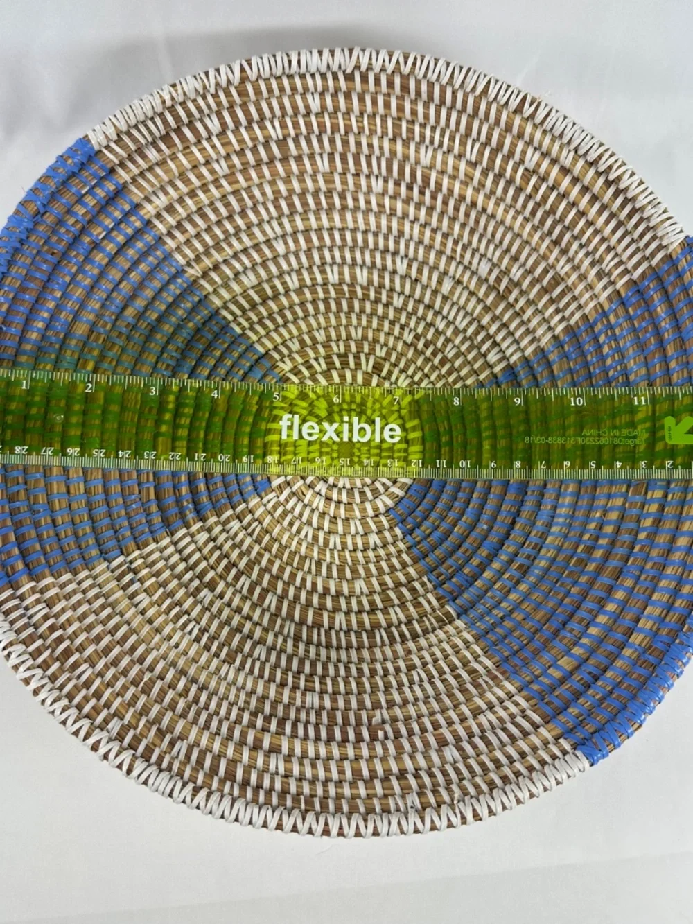 Straw & Plastic Weaved Decorative Basket/Bowl, Blue, White and Tan, Lightweight